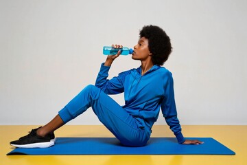 Young Woman Hydrating After Workout on Exercise Mat
