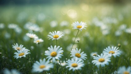 Fototapeta premium A field of daisies with white petals and yellow centers in a natural setting. Nature and flowers. The concept of tranquility and botanical beauty.