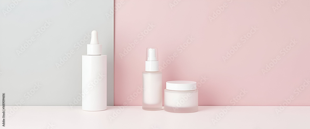 Poster minimalist product photograph featuring skincare bottles arranged gradient pastel background emphasi