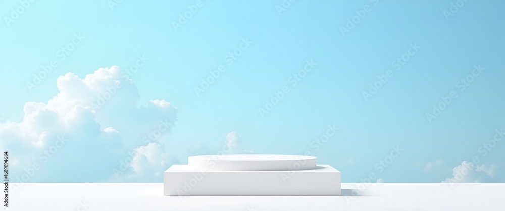 Poster white square podium with 2 levels for displaying products on sky blue and cloud background. concept 