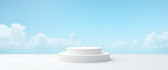 White Square Podium with Two Levels for Product Display Against Sky Blue Cloud Background - Ideal for Minimalist Product Photography