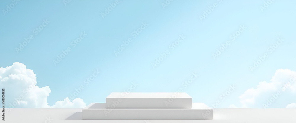 Poster white square podium with two levels for product display on sky blue and cloud background - perfect f