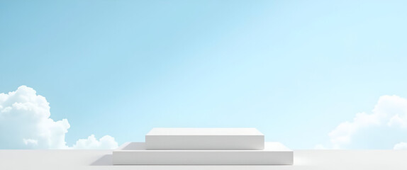 White Square Podium with Two Levels for Product Display on Sky Blue and Cloud Background - Perfect for Photo Stock Concepts with Empty Space for Customization