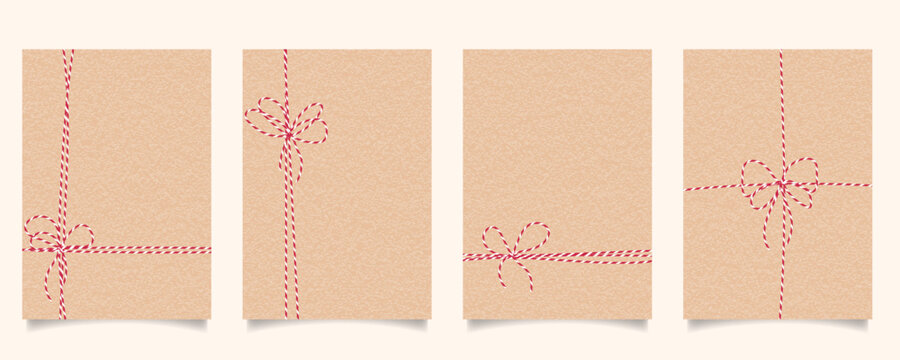 Kraft paper gift wrap with red white twine. Christmas eco packaging with bow background set. Minimalist craft handmade present wrapping. Gift card, poster, banner, invitation, flyer template. 