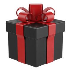 Black Gift Box with Red Ribbon and Bow Illustration for Presents, Celebrations, and Special Occasions, Isolated on Transparent Background