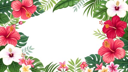 Tropical Floral Border Background with Hibiscus and Exotic Leaves