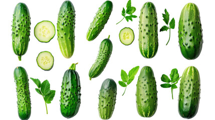 Freshly harvested cucumbers arranged artfully on a dark background with green leaves