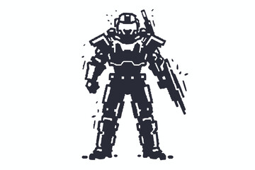 Silhouette of Armored Soldier Armed, Pixel Art Style on White Background