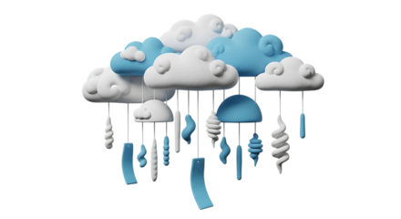 3d inner peace clay icons baby mobile with clouds and hanging toys isolated on transparent background