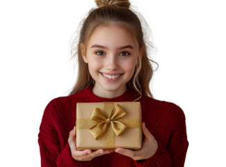 a girl holding out her hands to present the gift, smiling happily with isolated on a transparent background  and a red sweater.