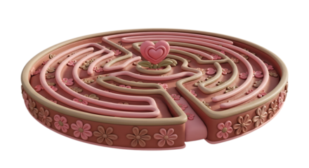 3d inner peace clay icons round maze with heart in the center isolated on transparent background