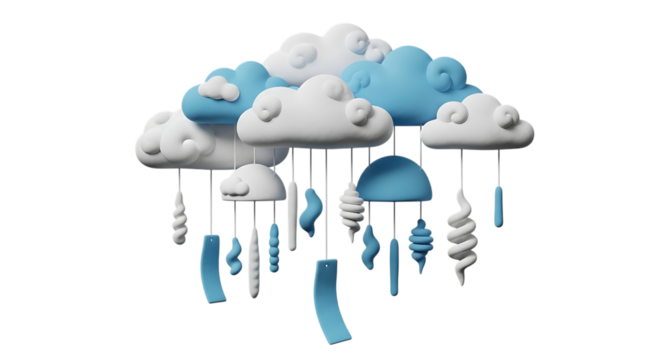 3d inner peace clay icons baby mobile with clouds and hanging toys isolated on transparent background