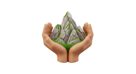 3d inner peace clay icons hands holding a miniature mountain landscape isolated on transparent background