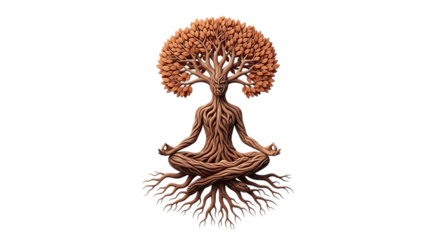 3d inner peace clay icons tree person meditating with roots and branches isolated on transparent background