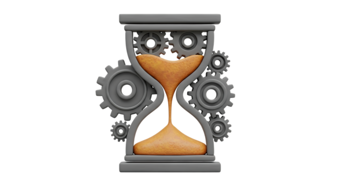 3d inner peace clay icons hourglass with gears isolated on transparent background