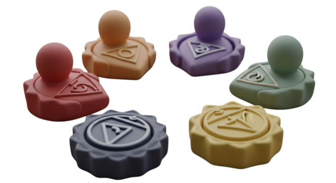 3d inner peace clay icons six colorful masonic symbols isolated on transparent background