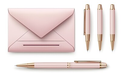 Pink envelope and pens on white background
