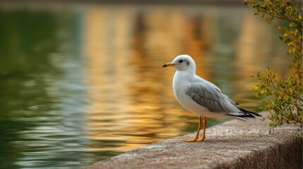Obraz premium Gull perches on a ledge, water reflecting gold light in the background