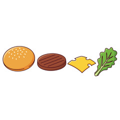 Creative vector illustration showing the separate ingredients of a classic cheeseburger, including the bun, patty, cheese, and lettuce leaf