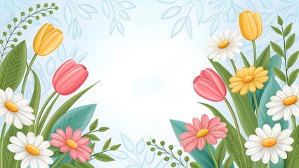 Floral Border Background with Tulips and Daisies on White Space