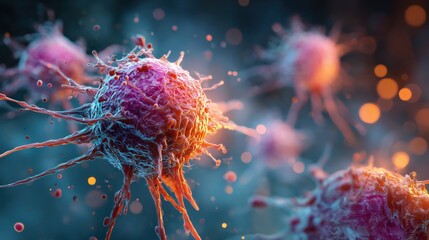 Tumor cells, generative ai illustration. Abnormal human cells showing malignant growth, linked to cancer development and progression.