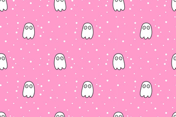 Cute Halloween seamless pattern, white ghost and snow on pink background. Cartoon character. All Saints Day. National international holiday. For background, wallpaper, textile, packaging or website.