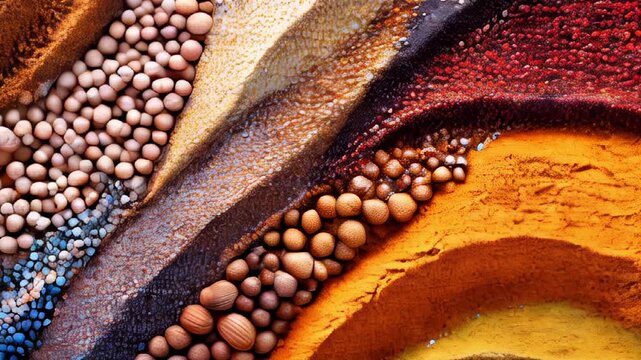 Vibrant textured abstract composition with colorful spices and grains displayed in artistic layers