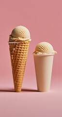 Two scoops of pale yellow ice cream, one in a waffle cone and one in a paper cup, against a pink background