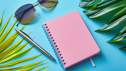 Pastel pink notebook, sunglasses, and pen on a bright blue surface, surrounded by tropical leaves