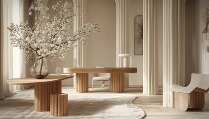Light-filled, minimalist room with wooden furniture