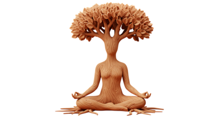 3d inner peace clay icons tree person meditating with roots isolated on transparent background