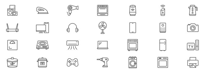 Home Appliances thin icons .Related icon set of household, kitchen machines: blender, food processor, mixer, coffee maker, toaster, and more vector line icon collection