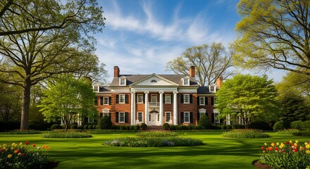 Grand Colonial Mansion with Columns and Lush Green Lawn.