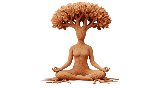 3d inner peace clay icons tree person meditating with roots isolated on transparent background