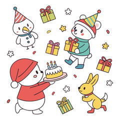 Vector Christmas gift boxes set with snowman and Santa Claus icons