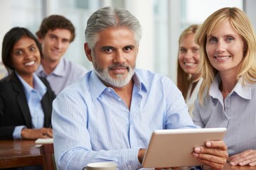 Diverse Business Team Reviewing Data on Tablet