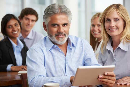 Diverse Business Team Reviewing Data on Tablet