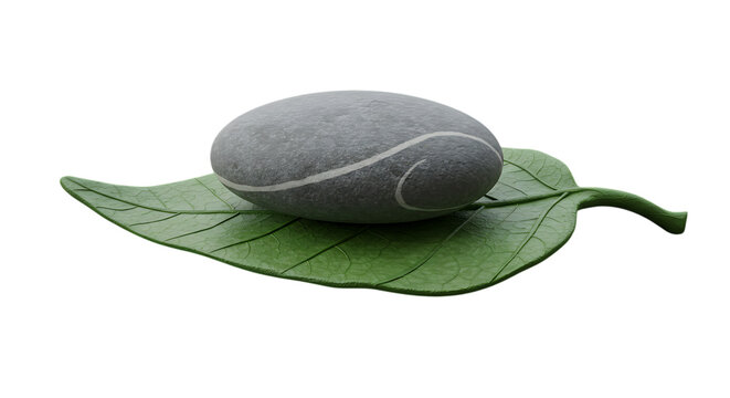 3d inner peace clay icons stone with white lines on a green leaf isolated on transparent background