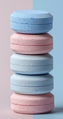 Stack of pastel-colored discs against a pastel pink and blue background