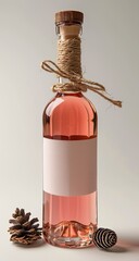 A bottle of ros? wine, presented elegantly with a light beige/tan twine tied around the neck,  a light wood cork stopper and a blank label. Two pine cones rest beside the bottle