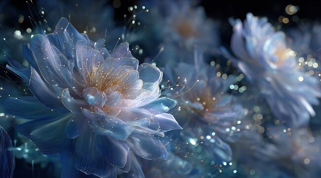 a digital art piece featuring an array of large, delicate flowers with petals made up entirely from glowing particles and light streaks, creating intricate patterns that dance in the air like stardust