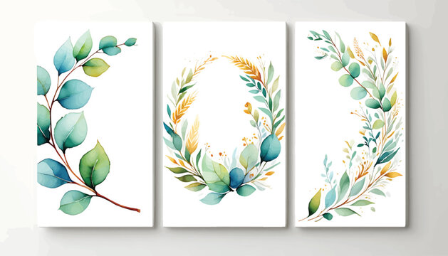 Set of three watercolor botanical frames with eucalyptus leaves and golden branches, elegant vector illustration