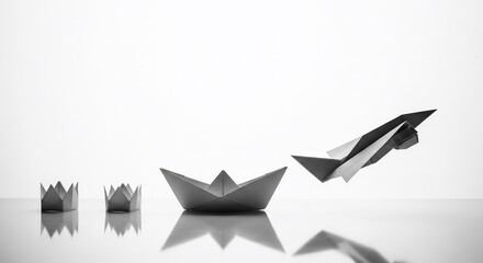 Inspiring paper origami transformation from crowns to boat to jet airplane on white background