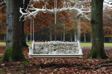 Luxurious white swing, antler frame, autumnal forest