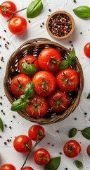 Fresh cherry tomatoes in a woven basket, surrounded by basil leaves, peppercorns, and scattered on a white surface