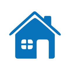 Blue home icon with roof, window, and door representing real estate and housing