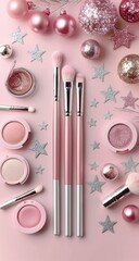 Pink cosmetic brushes and compacts, Christmas ornaments, and stars