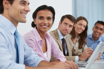 Diverse Team Engaged in a Meeting Around a Laptop