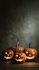Halloween jack o lanterns glowing in the dark