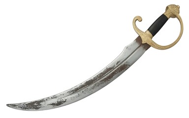 Obraz premium Antique Scimitar Sword with Golden Hilt and Worn Blade for Pirates and Historical Reenactments isolated on white